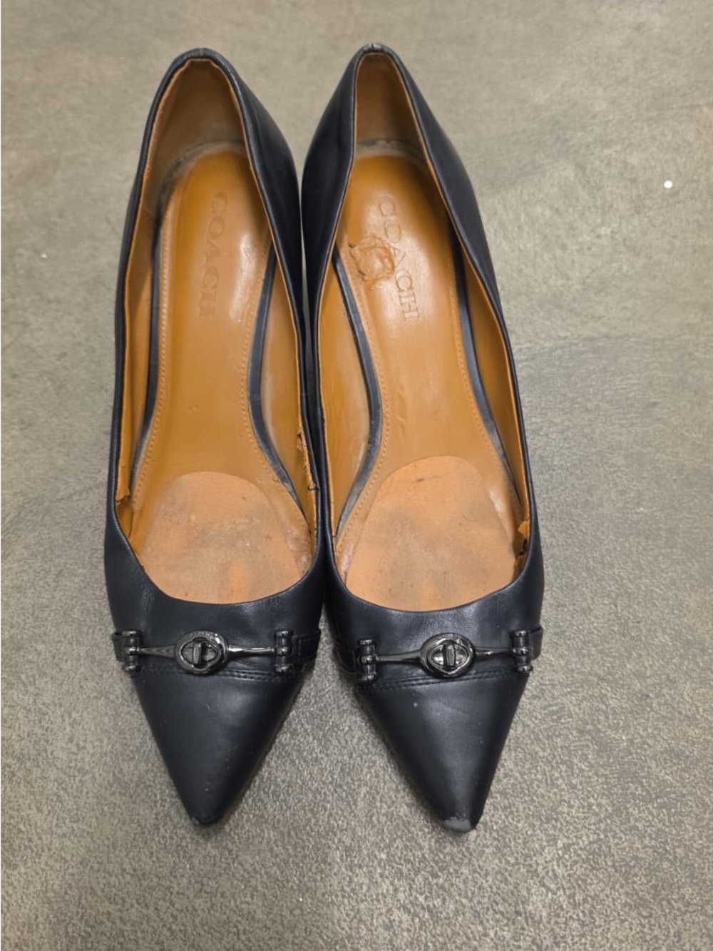 Coach Black Leather Pointed-Toe Heels with Signature Bit
